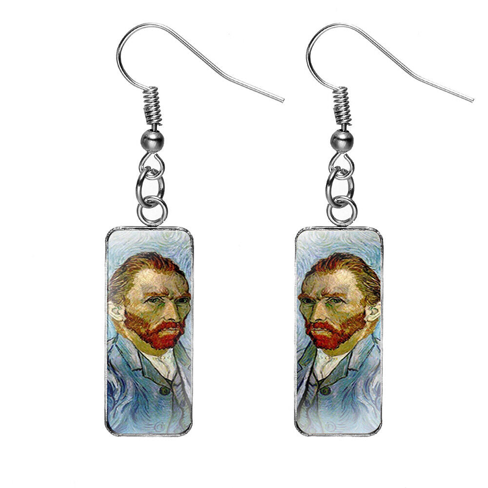 US Rectangle Starry Sky Sunflower Van Gogh Painting Glass Drop Dangle Earrings