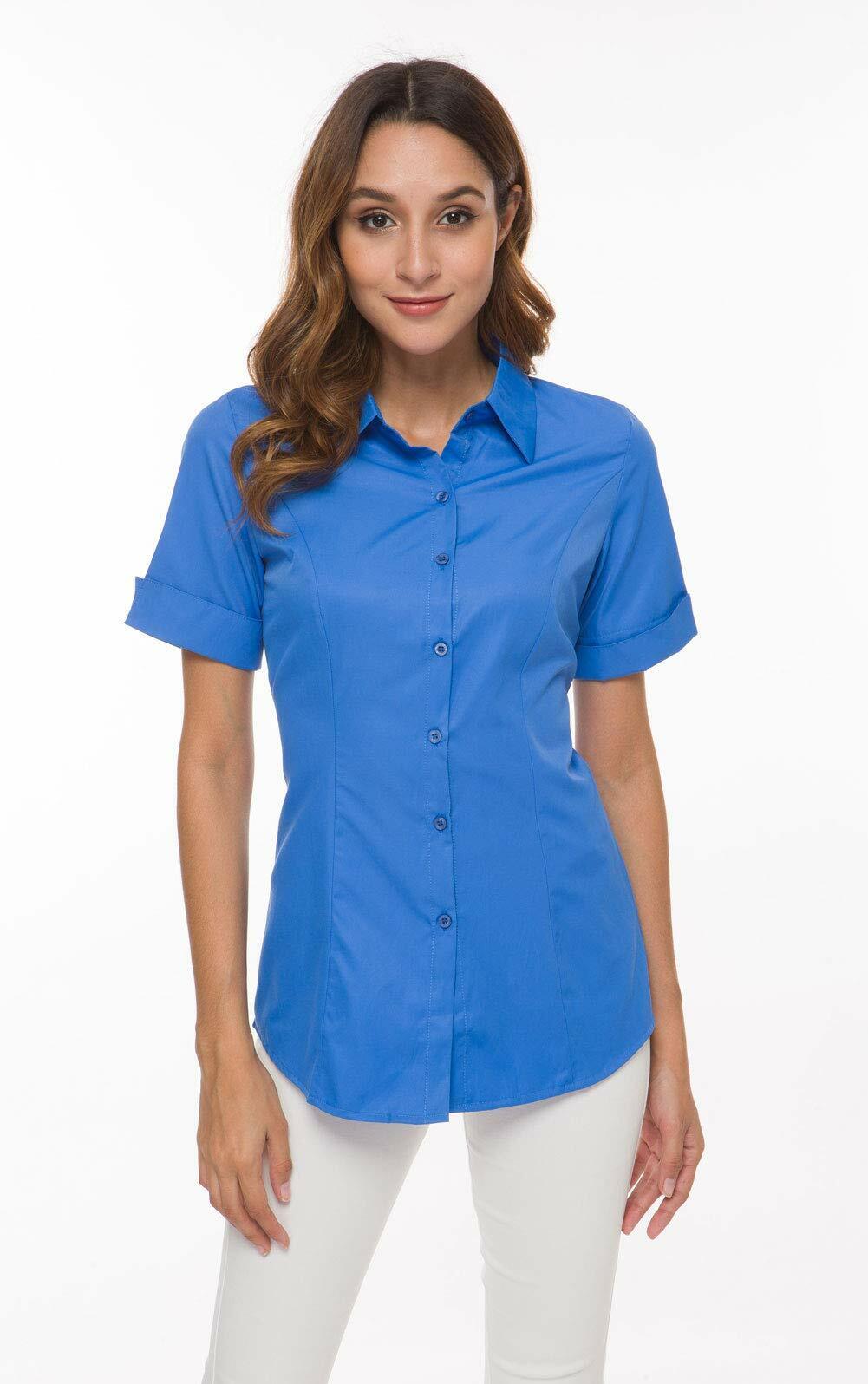 Women's Cotton Basic Button Down Shirt Tailored Short Sleeve Blouse