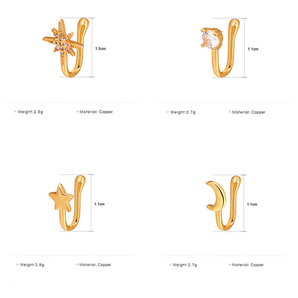 US 2 Pcs Star Heart Crown Nose Ring Copper Durable Fake Non-Pierced Nose Clip