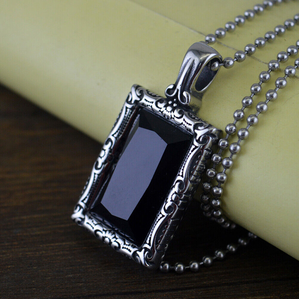 US 1-2 Pc Stainless Steel Mens Hip Hop Black Obsidian Stone Pendant Necklace Men