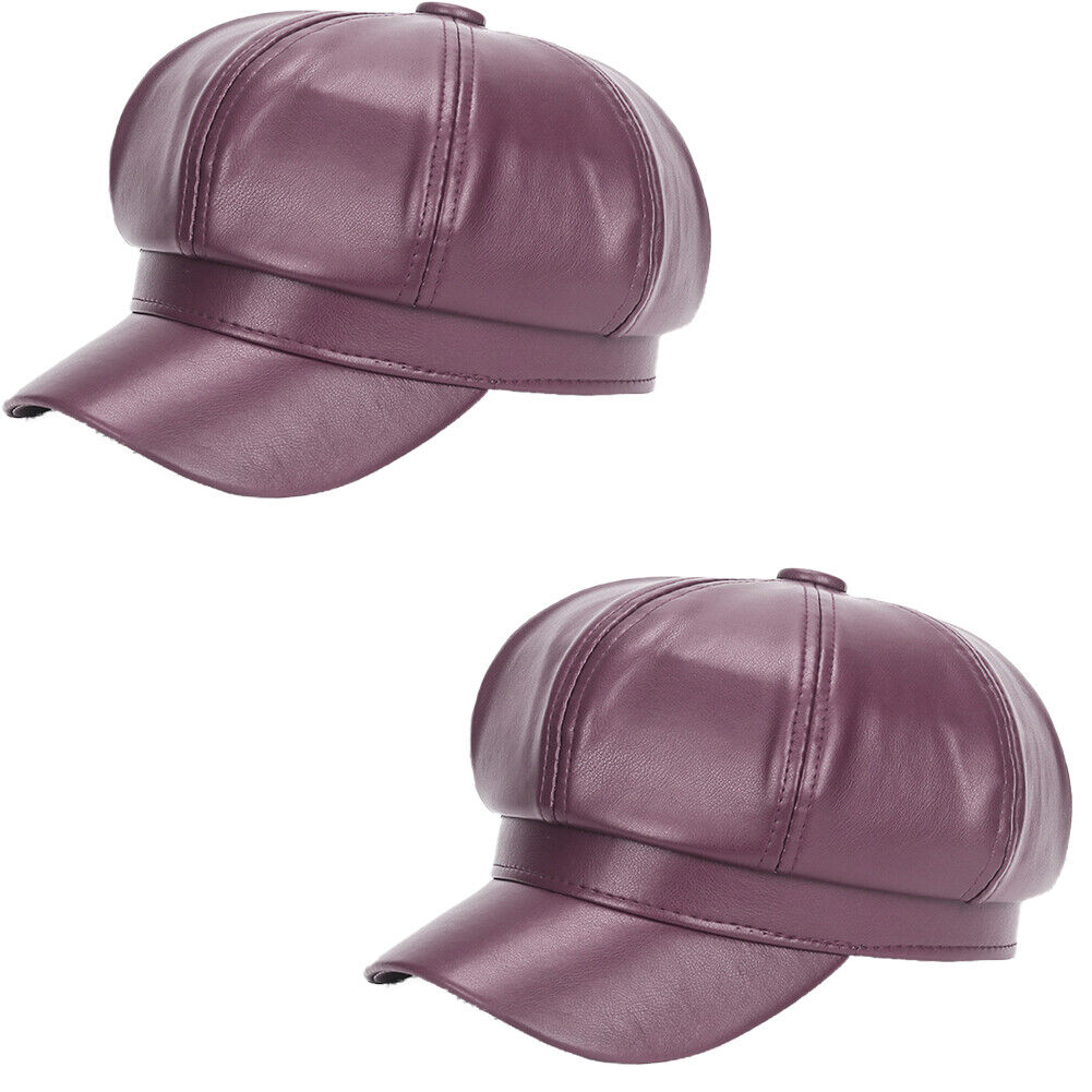 US 1-2Pc Women's PU Leather Plain Fineboy Cap Cabbie Visor Painter Hat Beret Hat