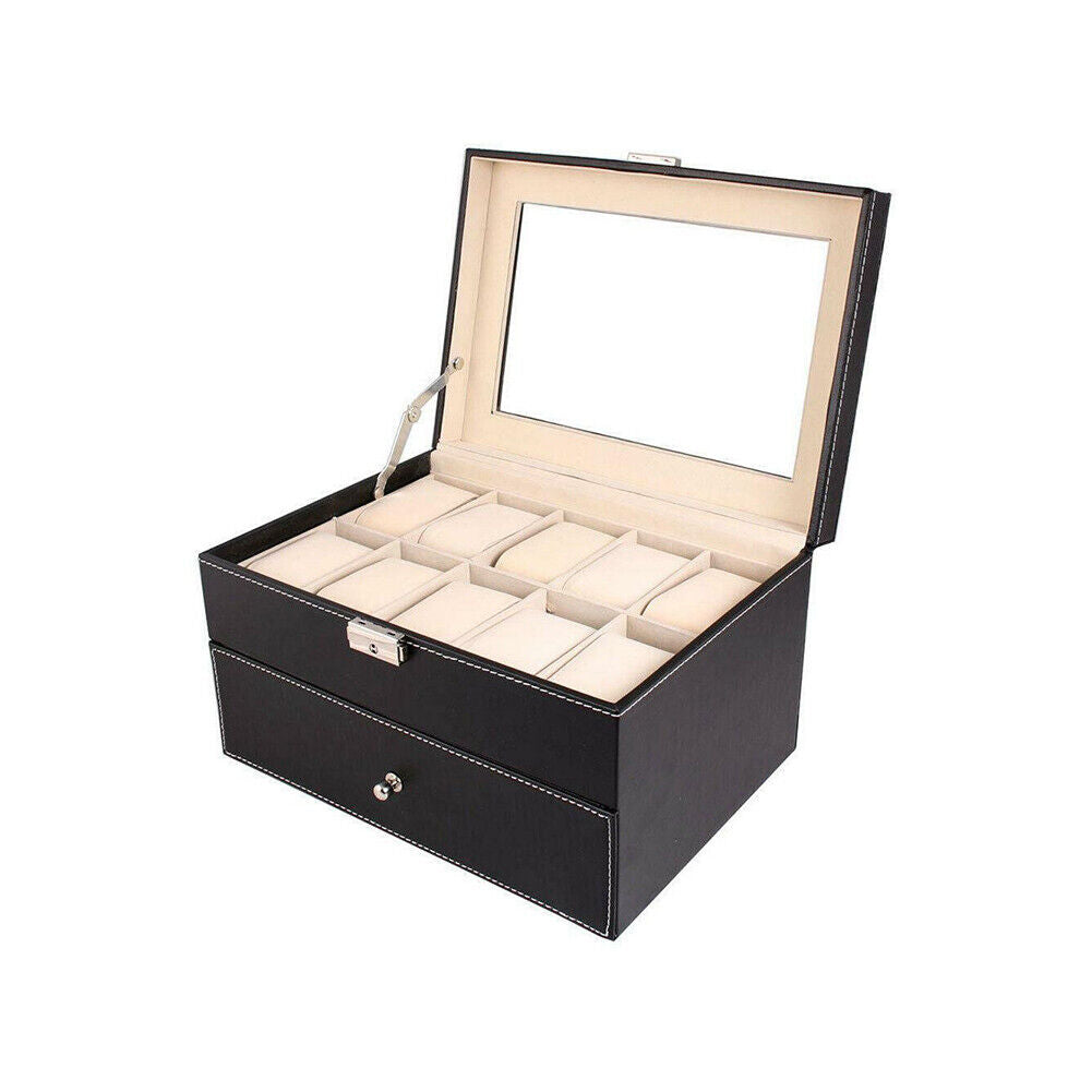 US Large 20 Slot Watch Organizer Box Case Glass Display Leather Jewelry Storage