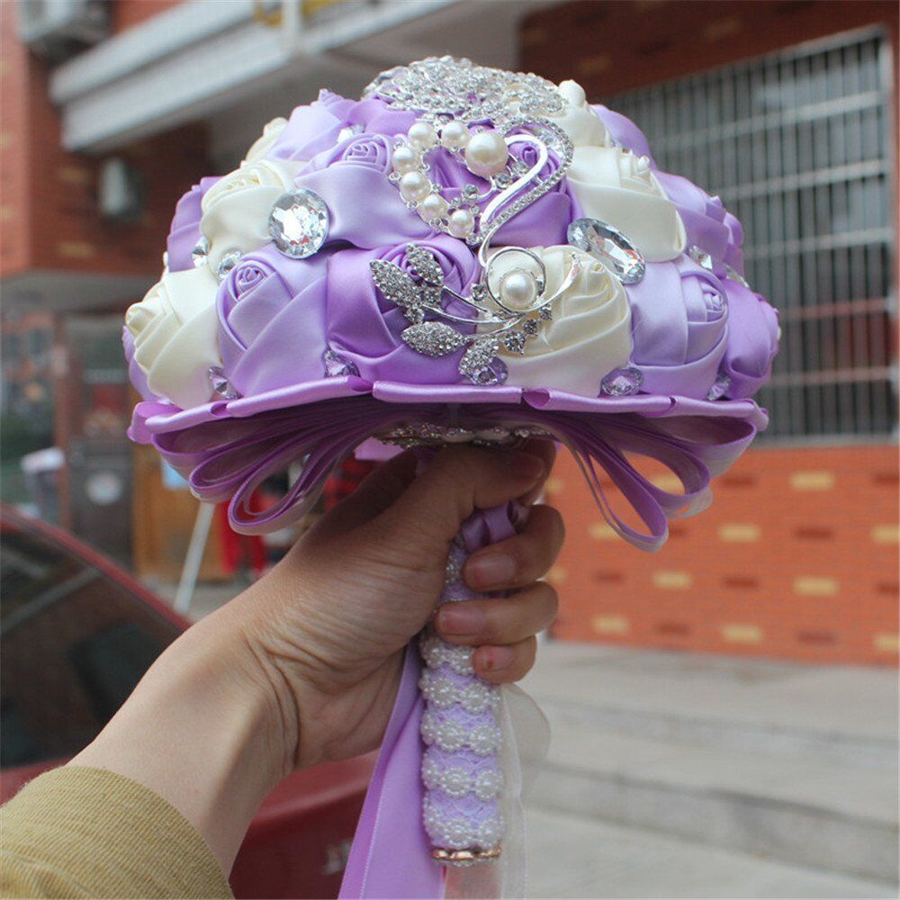 Bride Holding Bouquet Ribbon Rose Flowers Wedding Bouquet Rhinestone Brooch
