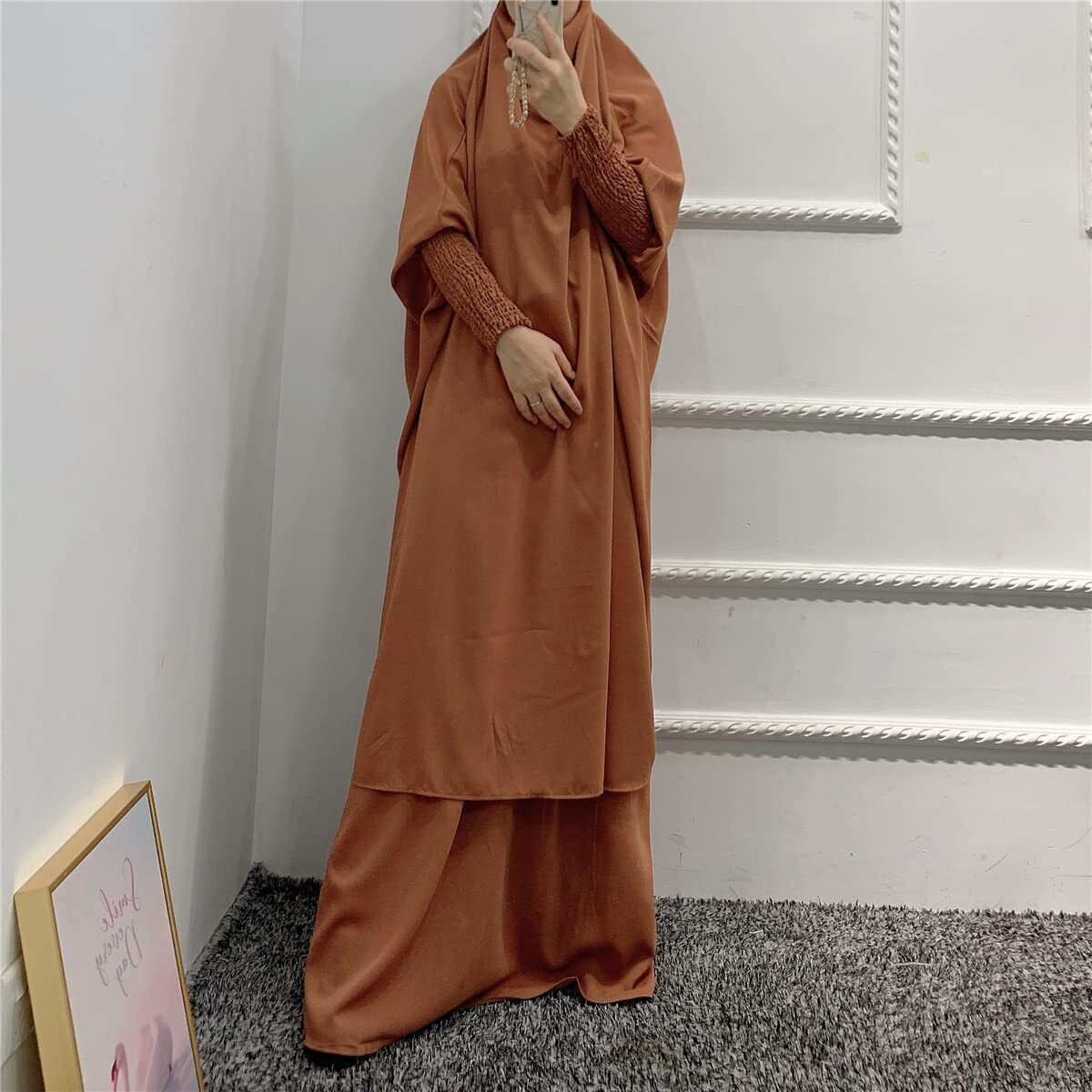 Women Muslim Long Sleeve Thobe Longuette Abaya Thobe with Hoodied Hijab