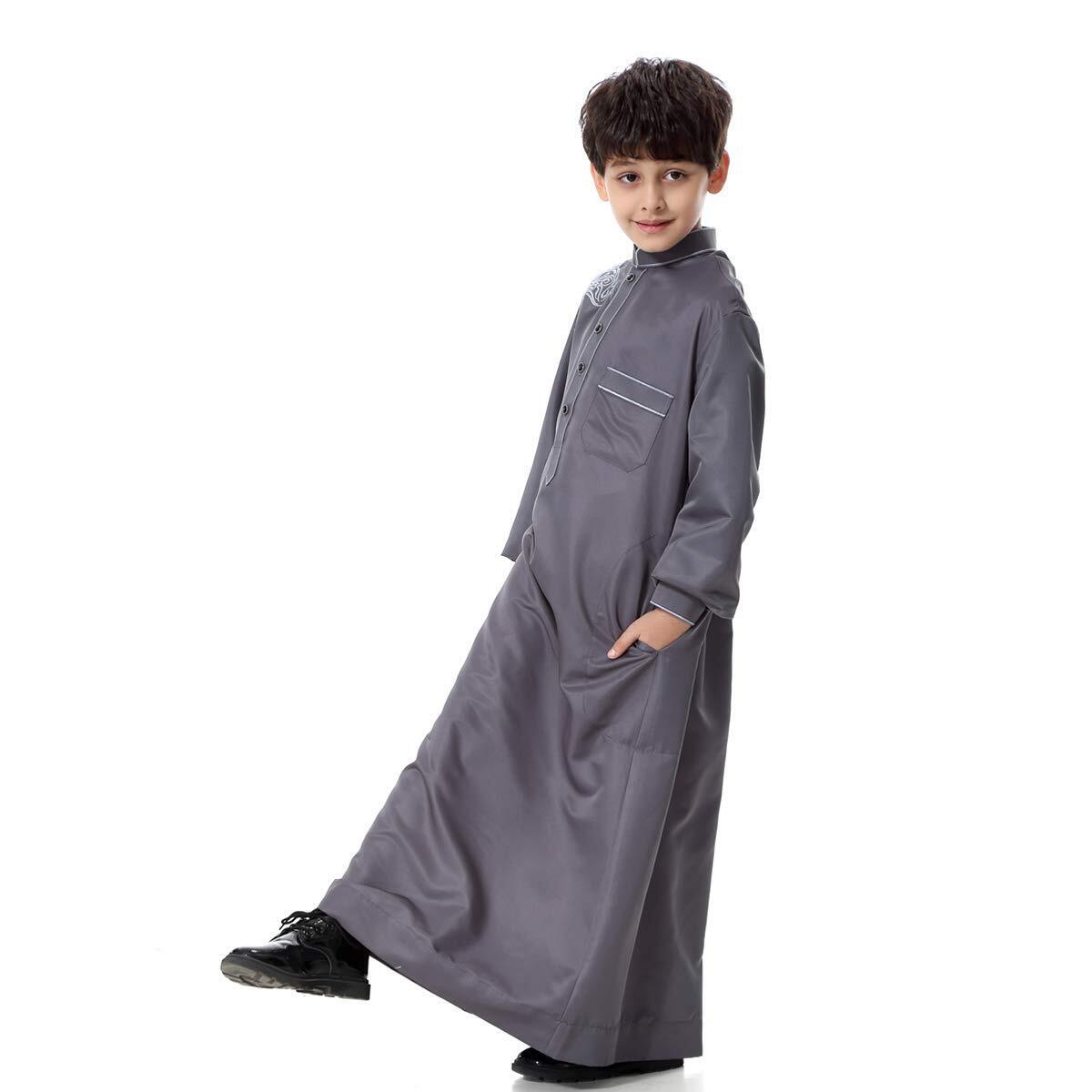 Arabic Thobe Muslim Thobe Kaftan Stand Collar Robe with Botton for Boy
