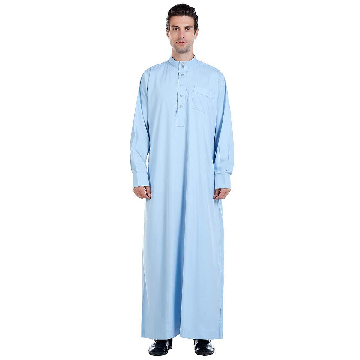 Men Arabic Long Sleeve PureColor Thobe Crew Stand Collar Kaftan Robe with Button