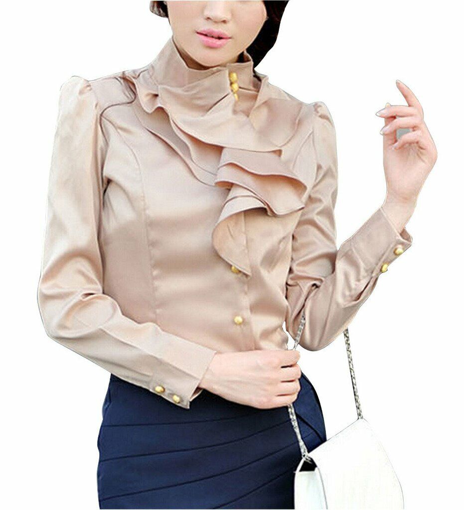 Women's Chiffon OL Ruffle Founcing Front Shirt Long Sleeve Blouse