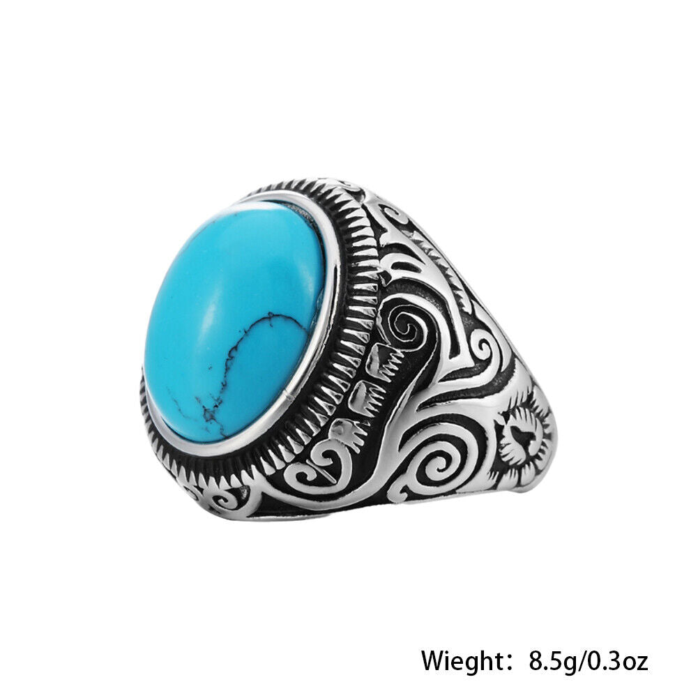 US Mens Simulated Oval Turquoise Stone Ring Men Stainless Steel Size 7 8-11