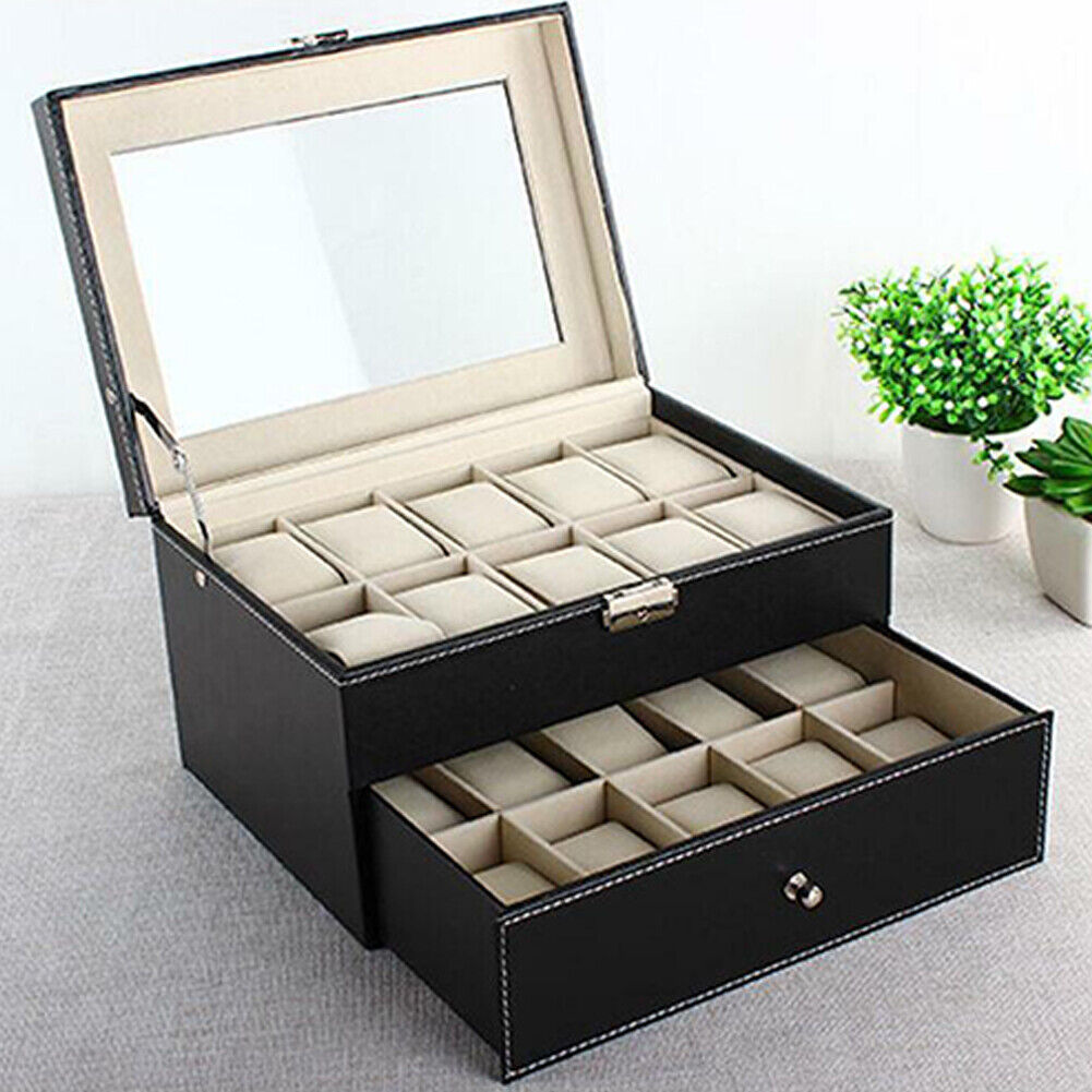 US Large 20 Slot Watch Organizer Box Case Glass Display Leather Jewelry Storage