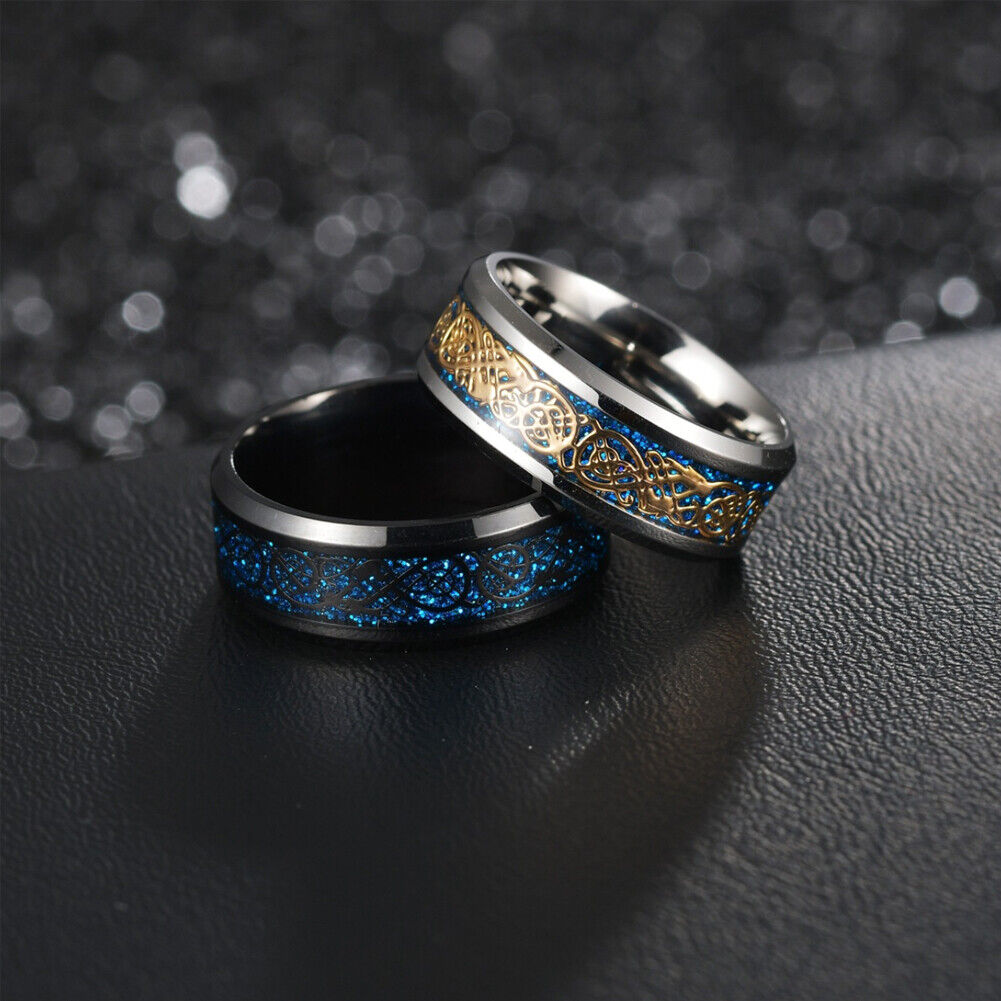 US 2-4 Pc Mens Celtic Blue Stainless Steel Dragon Wedding Band Ring Men Women