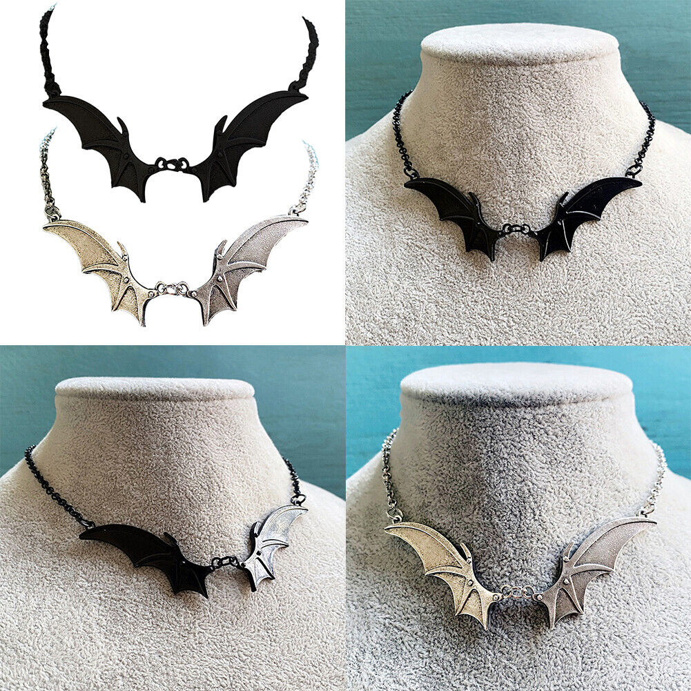 US 2-4 Pcs Black Silver Gothic Bat Wing Pendant Necklace Halloween Holiday Gift