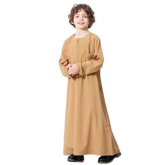 Arabic Thobe Muslim Thobe Kaftan Stand Collar Robe with Botton for Boy