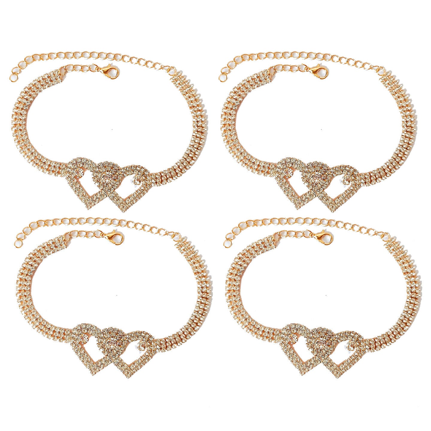 US 2-4 Pack Love Chain Double Heart Anklet Bracelet Bling Crystal Ankle Barefoot
