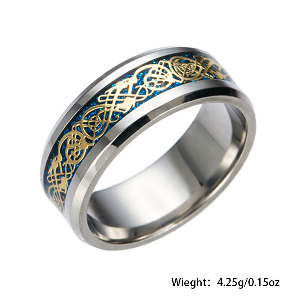 US 2-4 Pc Mens Celtic Blue Stainless Steel Dragon Wedding Band Ring Men Women