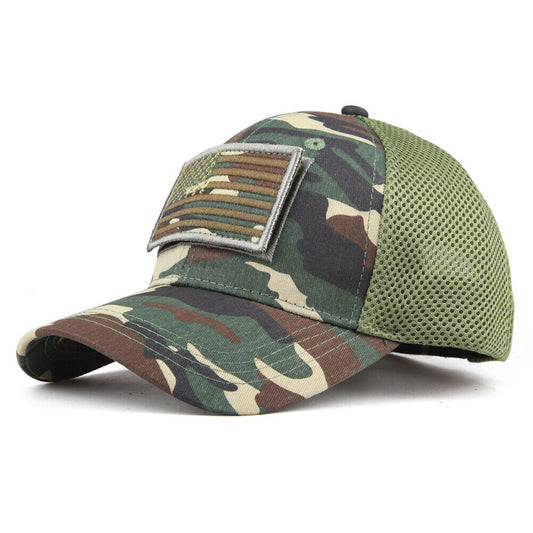 US 1-2 American Flag Hat Tactical Army Detachable Patch Mesh Camo Baseball Cap