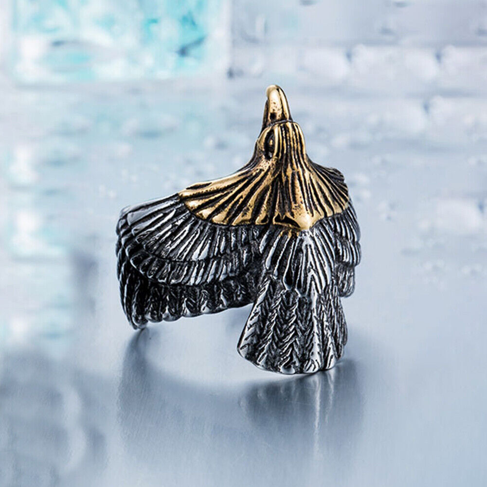 US Mens Stainless Steel Gold Plated Eagle Head Bird Biker Ring Men Size 8-11