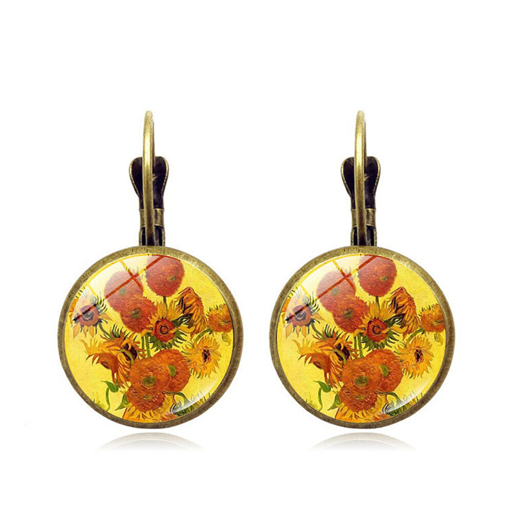 US Starry Night Van Gogh Sunflower Landscape Painting Glass Drop Dangle Earrings