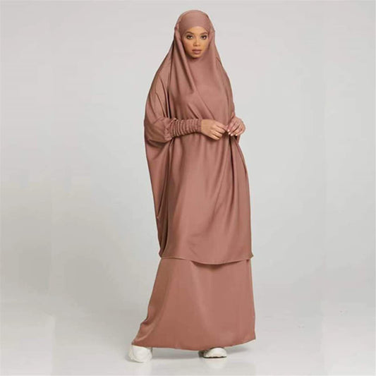 Women Muslim Long Sleeve Thobe Longuette Abaya Thobe with Hoodied Hijab
