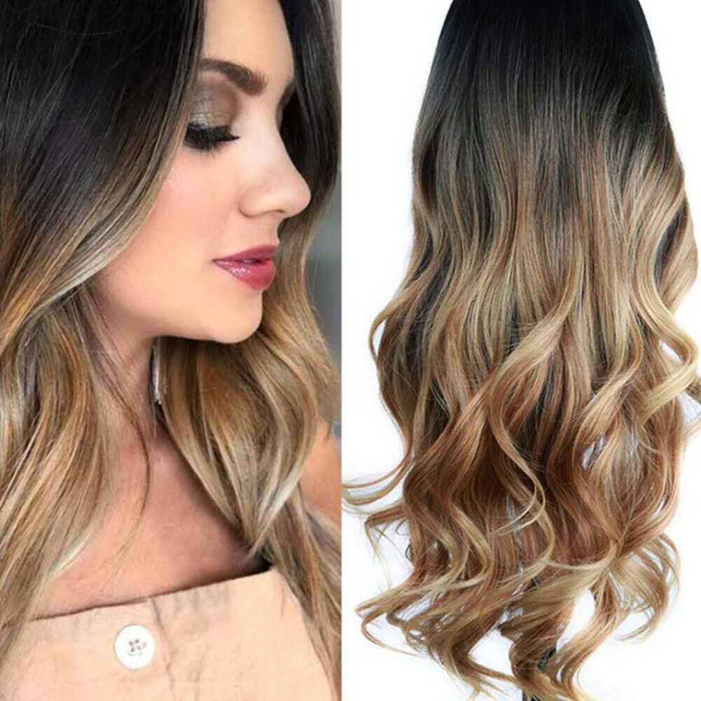 US 1-2 Pack 23" Golden Brown to Gold Ombre Long Curly Blonde Wig Synthetic Hair