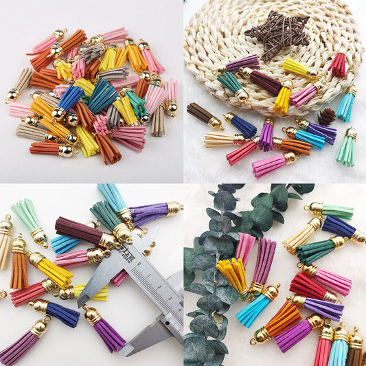 US 100Pc 30 Colors 1.6 inches Leather Tassels Keychain Charms DIY Multicolored