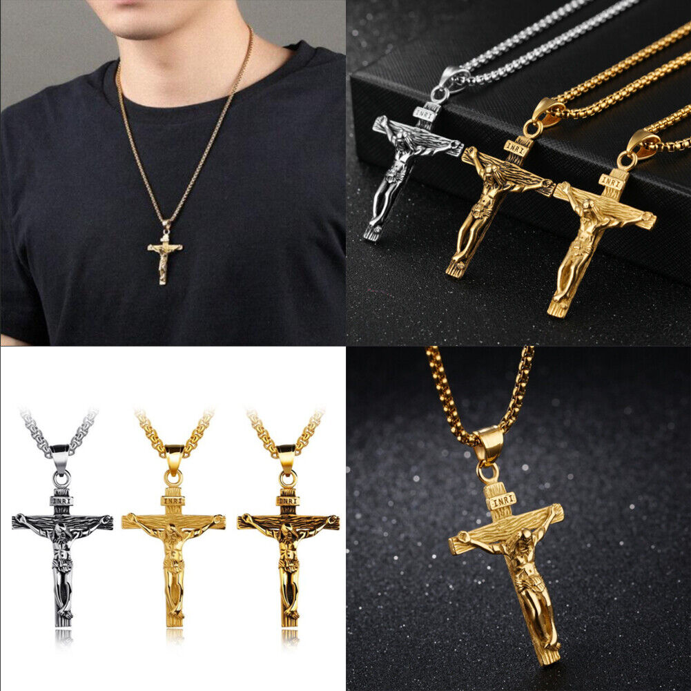 US 1-2 Pack Stainless Steel Jesus Christ Crucifix Cross Pendant Necklace For Men