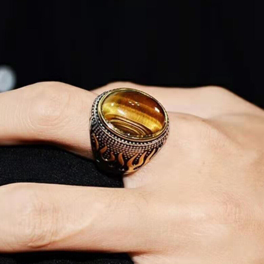 US 2Pc Mens Stainless Steel Gold Plated Oval Tiger Eye Stone Ring Size 7 8 9-11