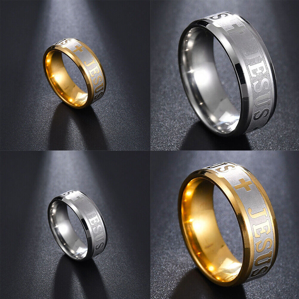 US 1-2 Pack Men Stainless Steel Gold Plated Christian Jesus Cross Ring Band