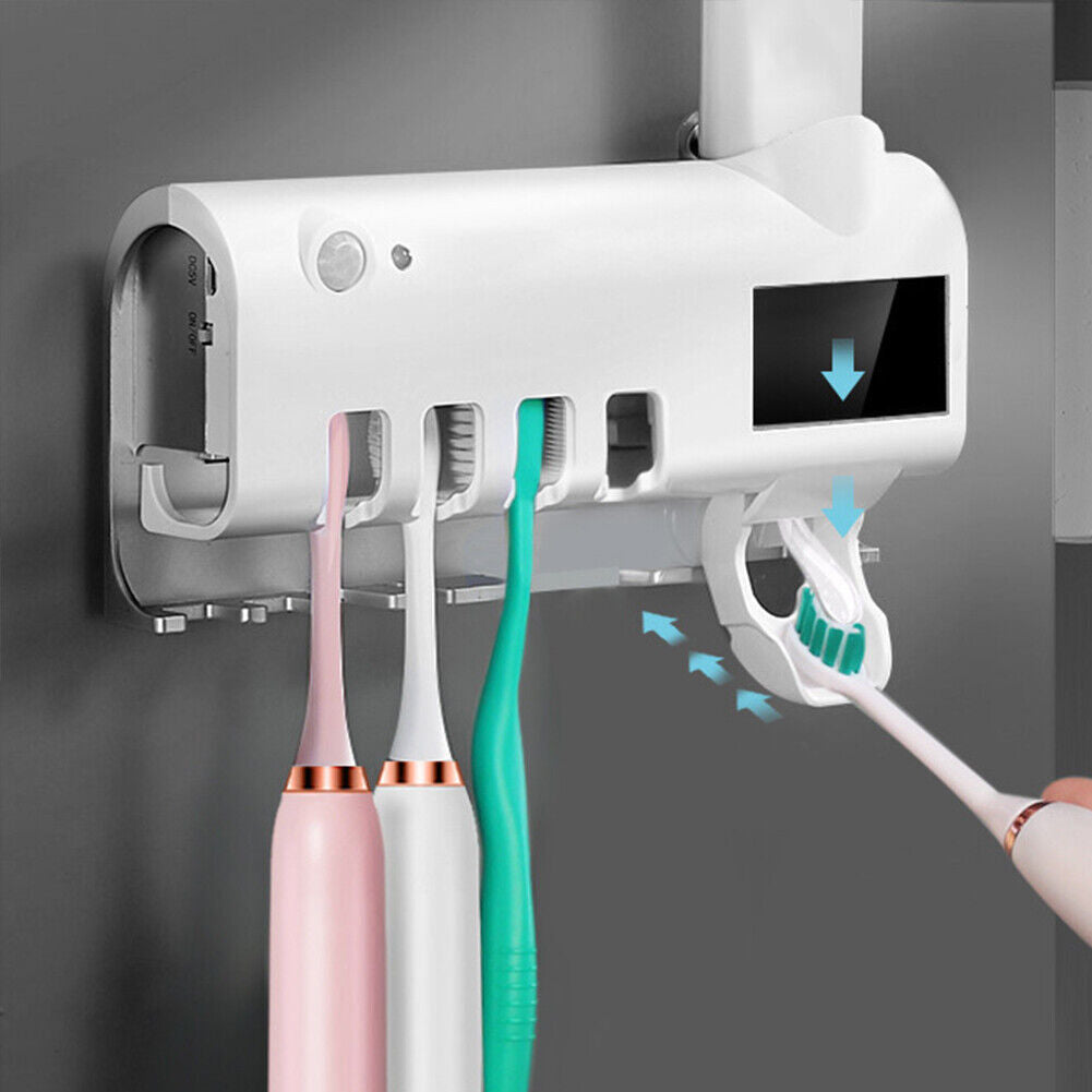 US 1-2 Pack Toothbrush UV Light Sanitizer Holder Automatic Toothpaste Dispenser