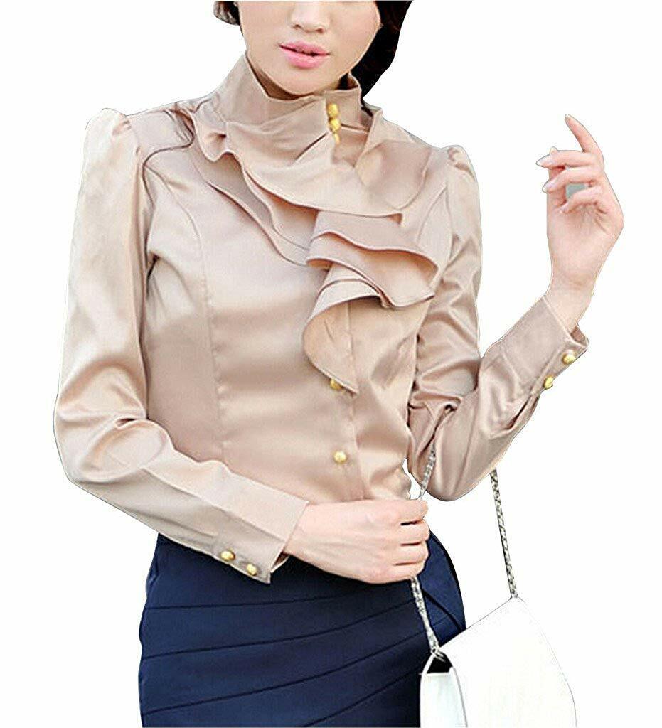 Women's Chiffon OL Ruffle Founcing Front Shirt Long Sleeve Blouse