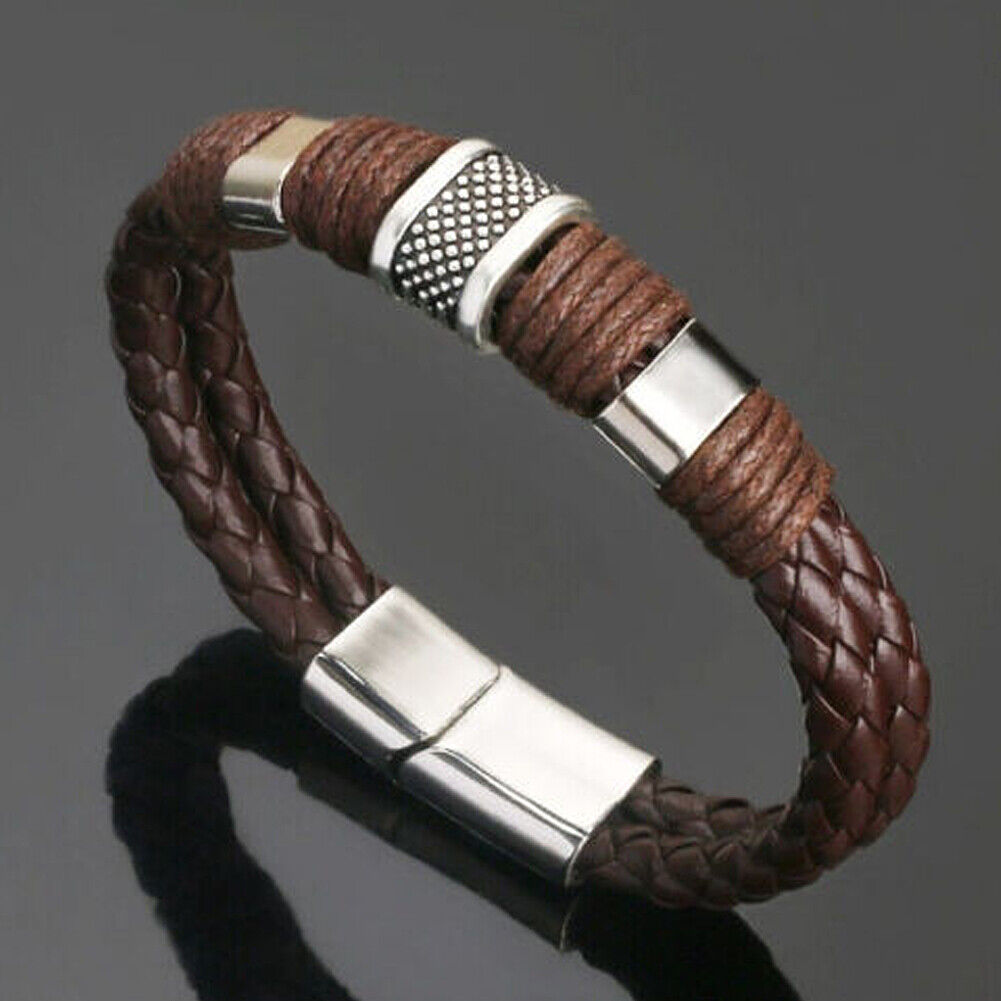 US 2-4 Leather Titanium Steel Braided Magnetic Clasp Bracelet Bangle Wrist Cuff
