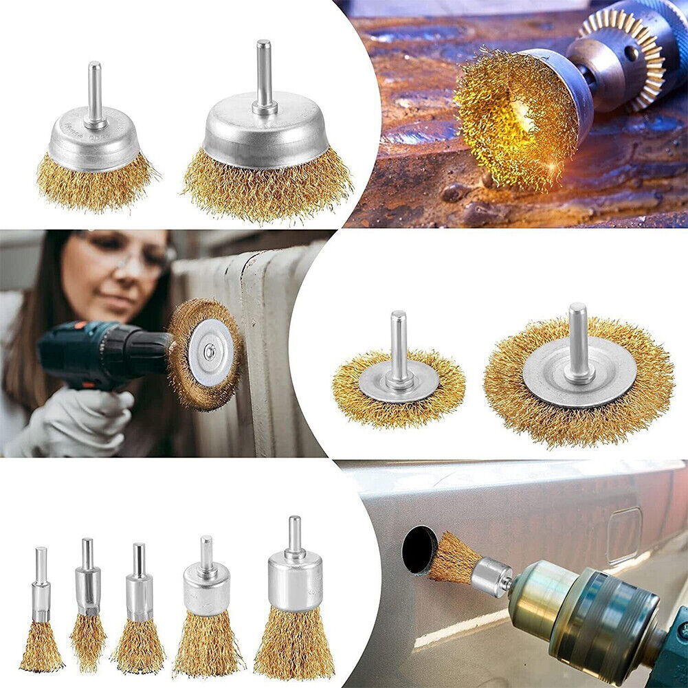 US 6-12 Pcs Brass Wheel Cup Wire Brush Drill Bit Set Rust Paint Attachment 1/4"