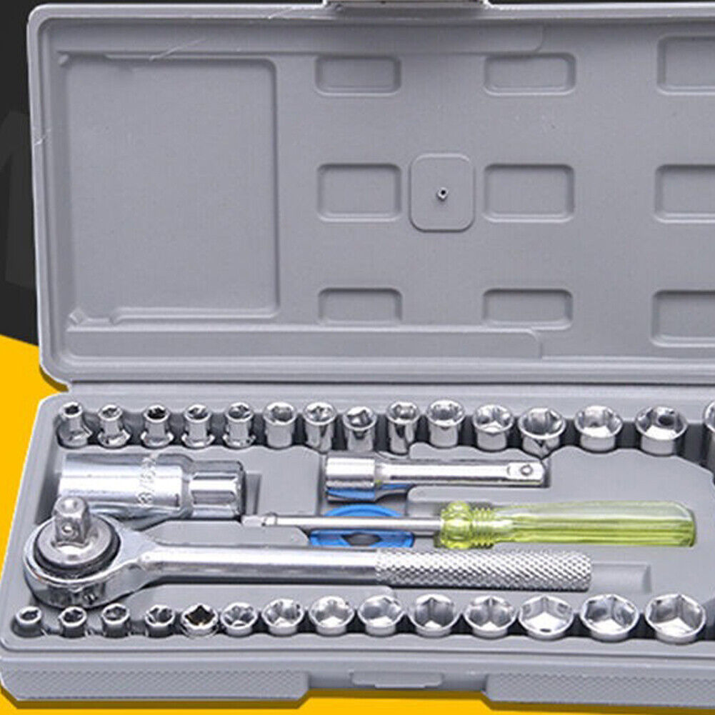 US 1-2Set of 40Pc Ratchet Wrench Socket Tool METRIC/SAE 1/4"3/8" Drive with Case
