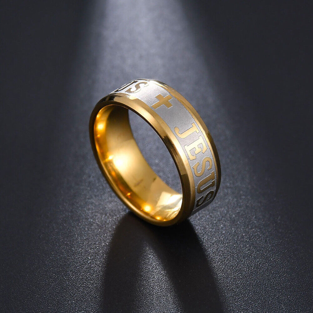 US 1-2 Pack Men Stainless Steel Gold Plated Christian Jesus Cross Ring Band