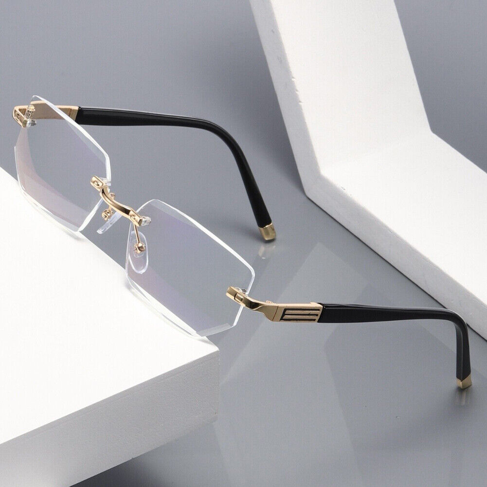 US Mens Diamond Shape Rimless Blue Light Blocking Reading Glasses Metal Readers