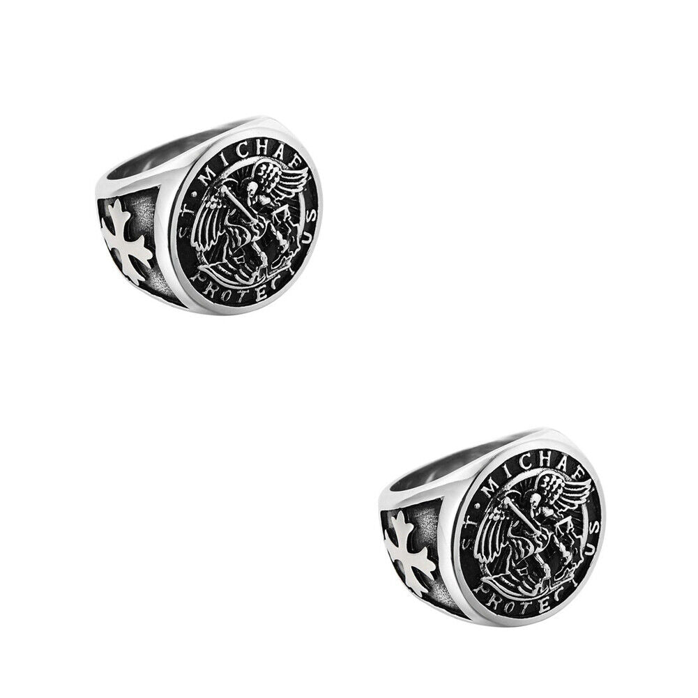 US 1-2 Pack Saint Michael Archangel Ring Vintage Stainless Steel Faith Bands Men
