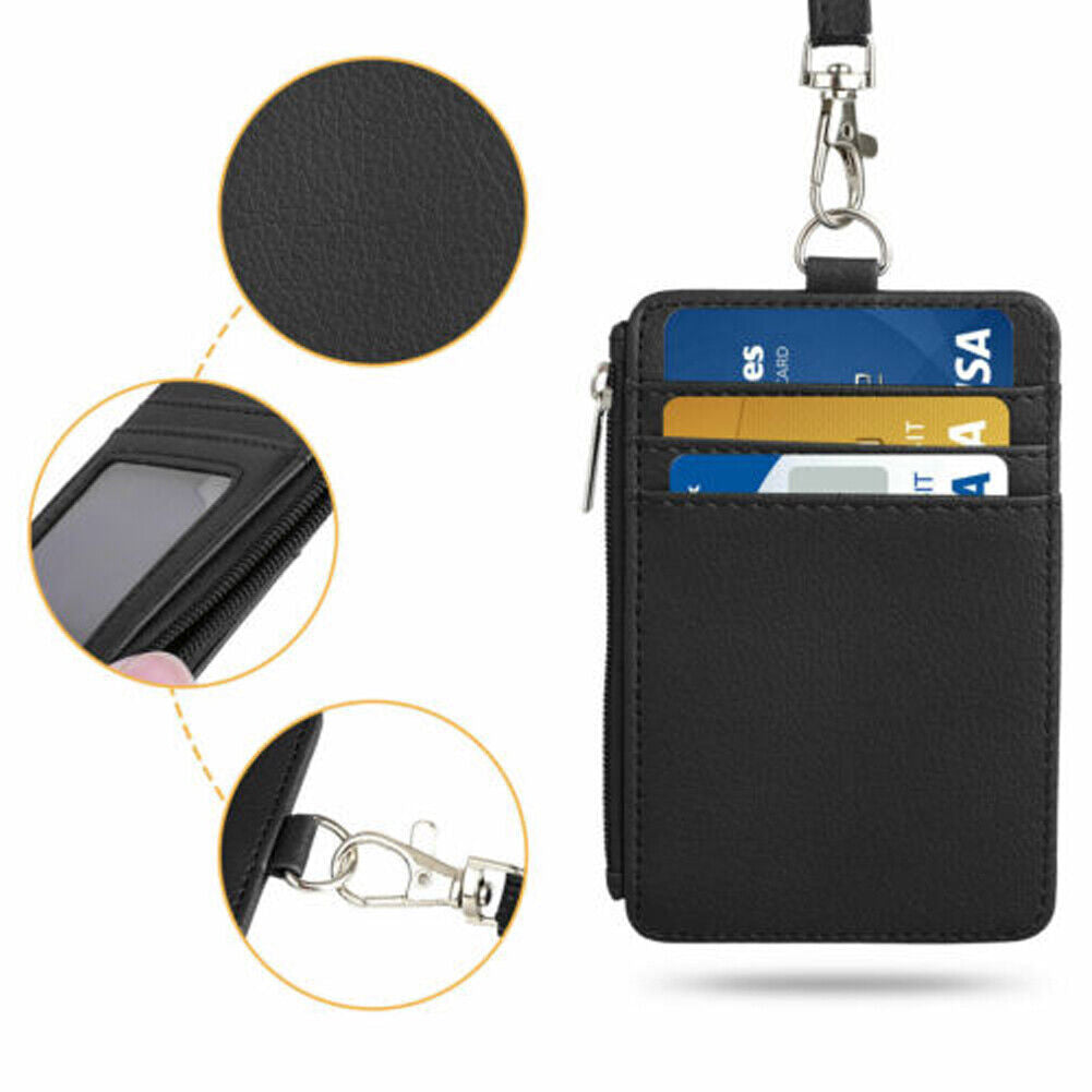 US 2-4 Pcs Badge Holder Zipper Leather ID Card Holder Wallet Pocket Neck Lanyard