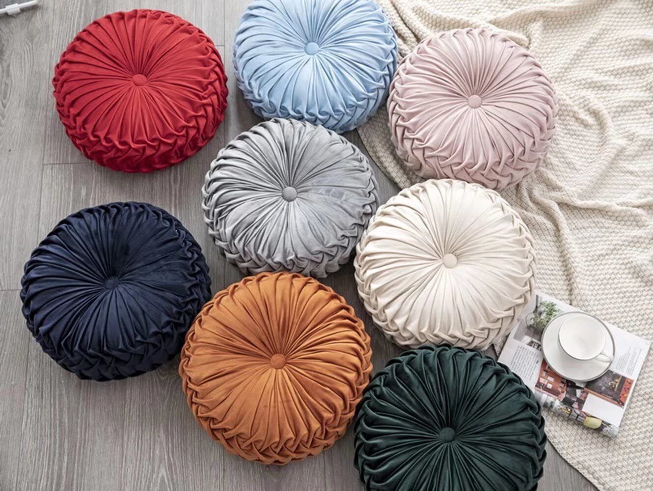 Round Throw Pillow Round Velvet Pillow Pleated Round Filled Pillow