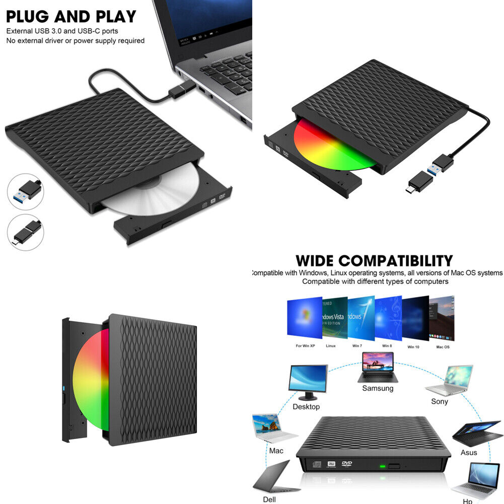 US 1-2 Pack Portable USB 3.0 External CD DVD Drive Burner Writerr Writer Laptop