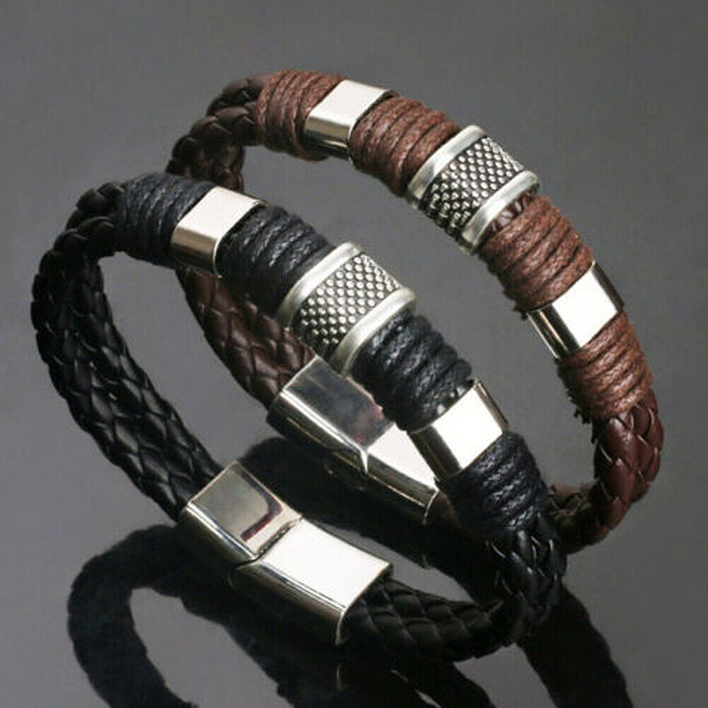 US 2-4 Leather Titanium Steel Braided Magnetic Clasp Bracelet Bangle Wrist Cuff