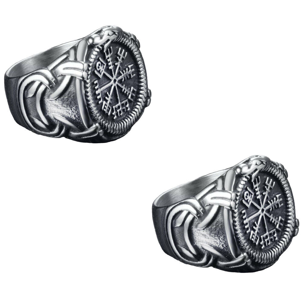 US 2 Pack Stainless Steel Mens Nordic Viking Dragon Vegvisir Compass Ring