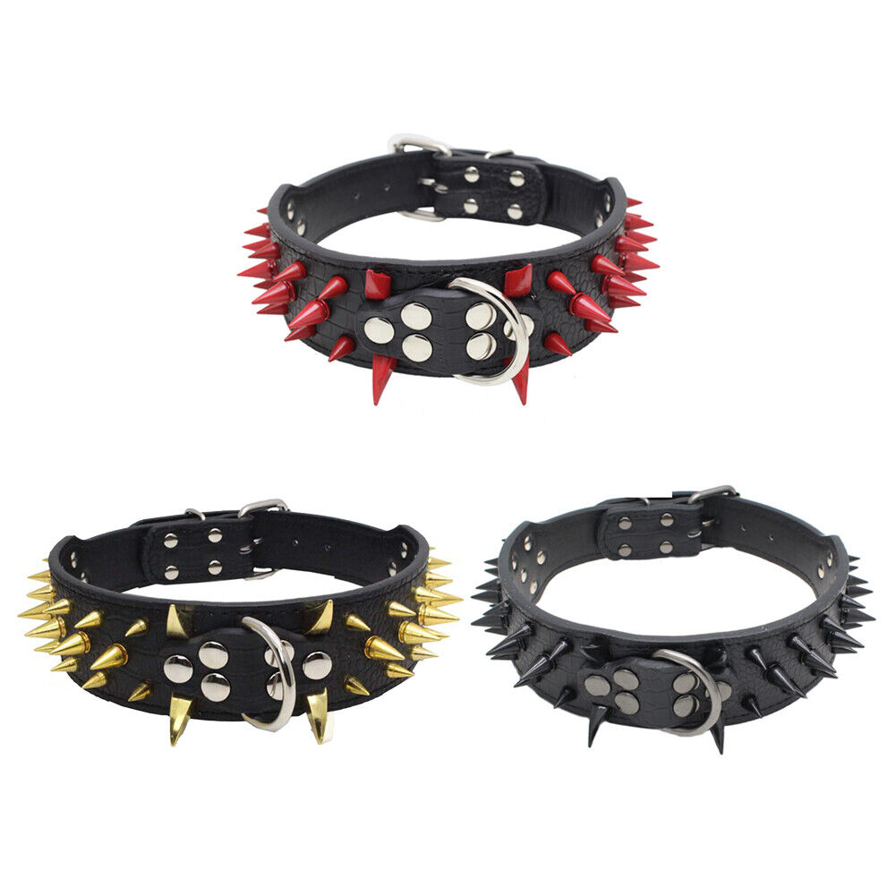 US Dog Collar Sharp Gold Spikes Spike Rivet Adjustable PU Leather 2" wide S M L