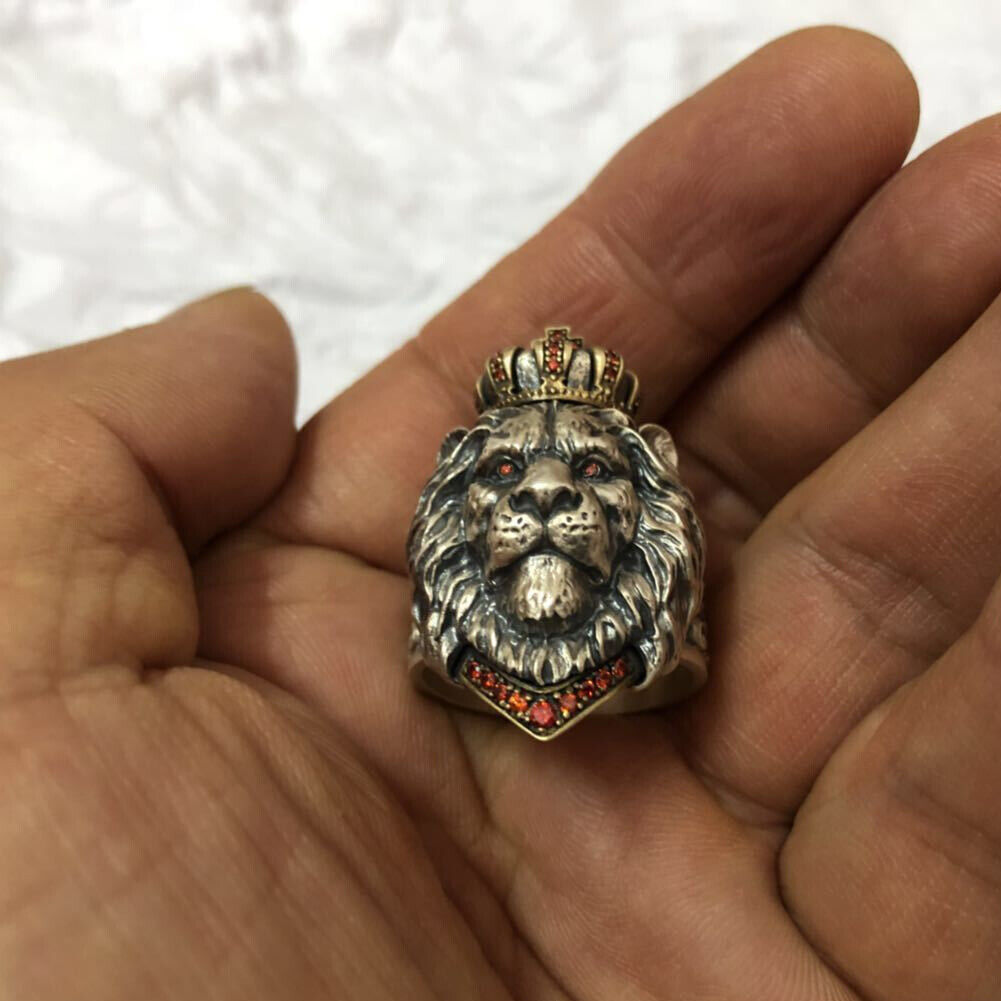 US2-4Pc Punk Animal King Crown Lion Ring Adjustable lion Head Jewelry 925 Silver