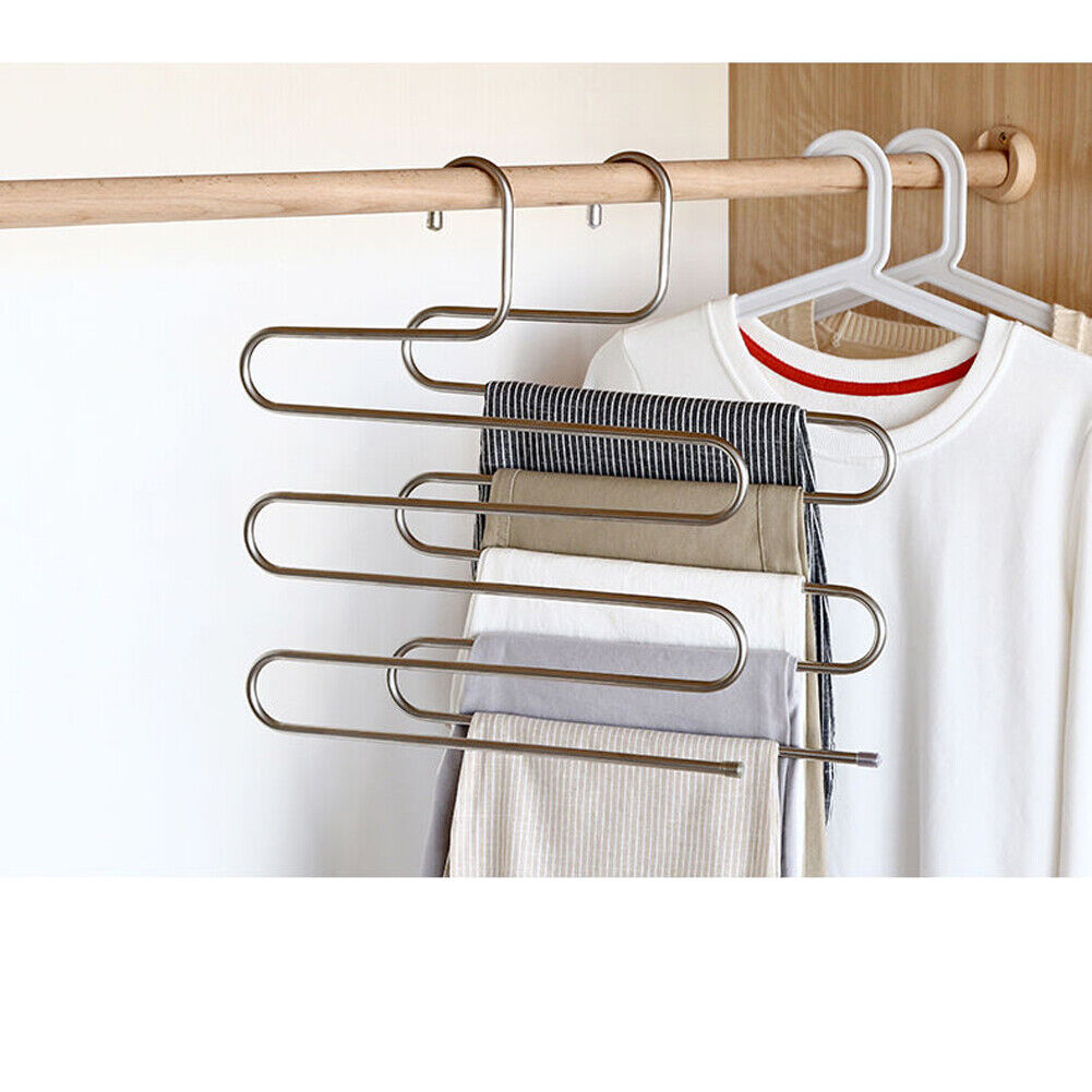 US 2-4 Pcs Trouser Pants Hanger Non-Slip S-Shape 5-Layer Rack Closet Space Saver