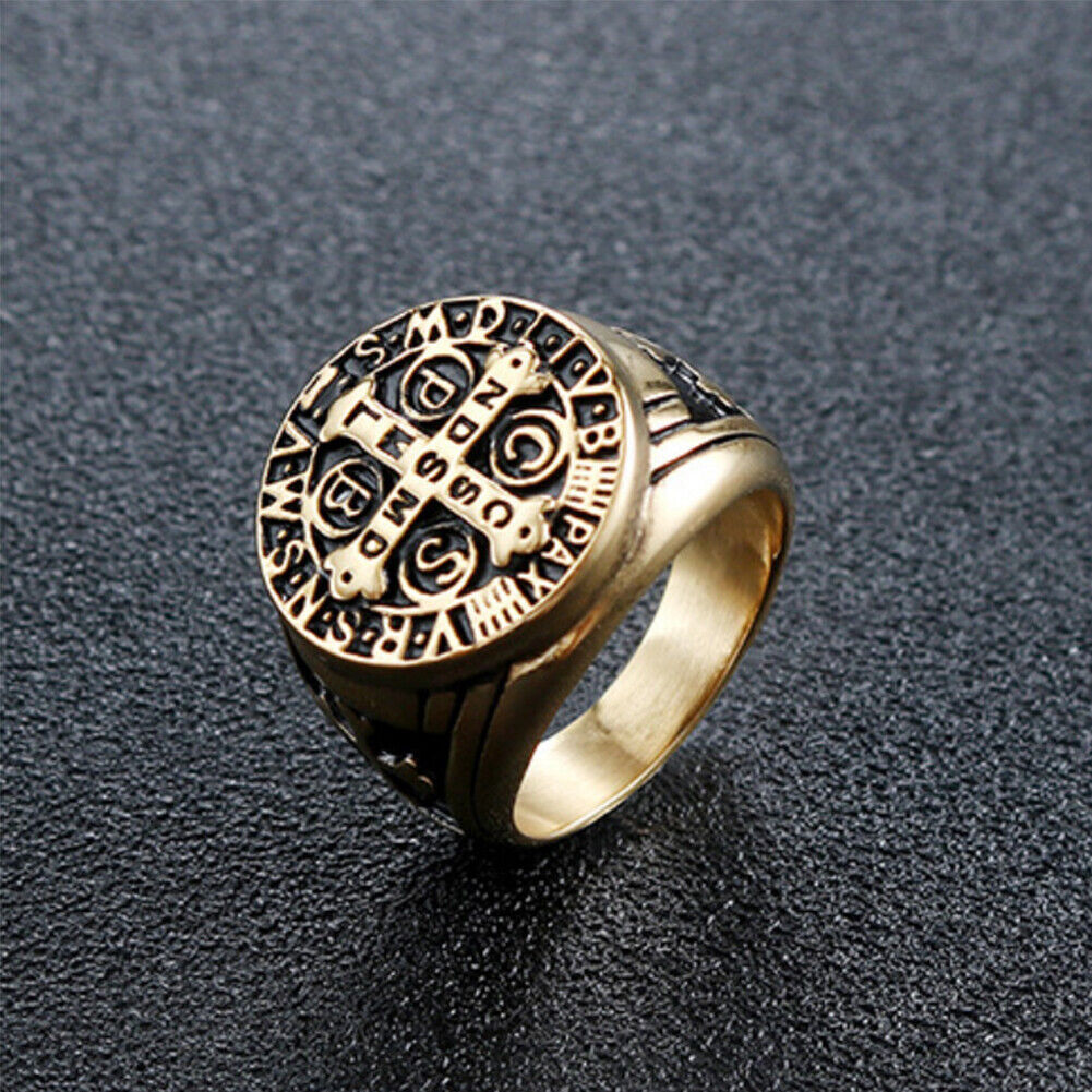 US St Benedict Exorcism Ring Silver Stainless Steel Catholic Roman Cross Demon