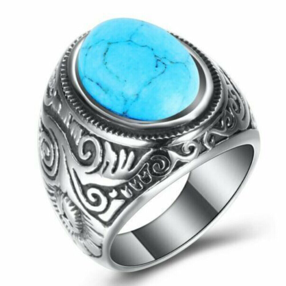 US Mens Simulated Oval Turquoise Stone Ring Men Stainless Steel Size 7 8-11