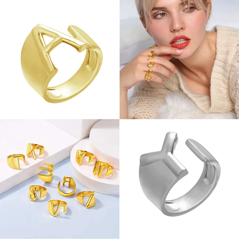 US Alphabet Letter A to Z Resizable Knuckle Ring Initial Gold Silver Letter Ring