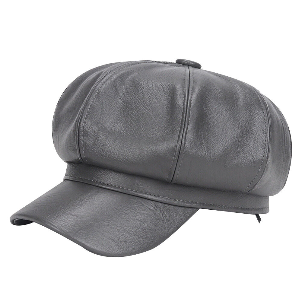 US 1-2Pc Women's PU Leather Plain Fineboy Cap Cabbie Visor Painter Hat Beret Hat
