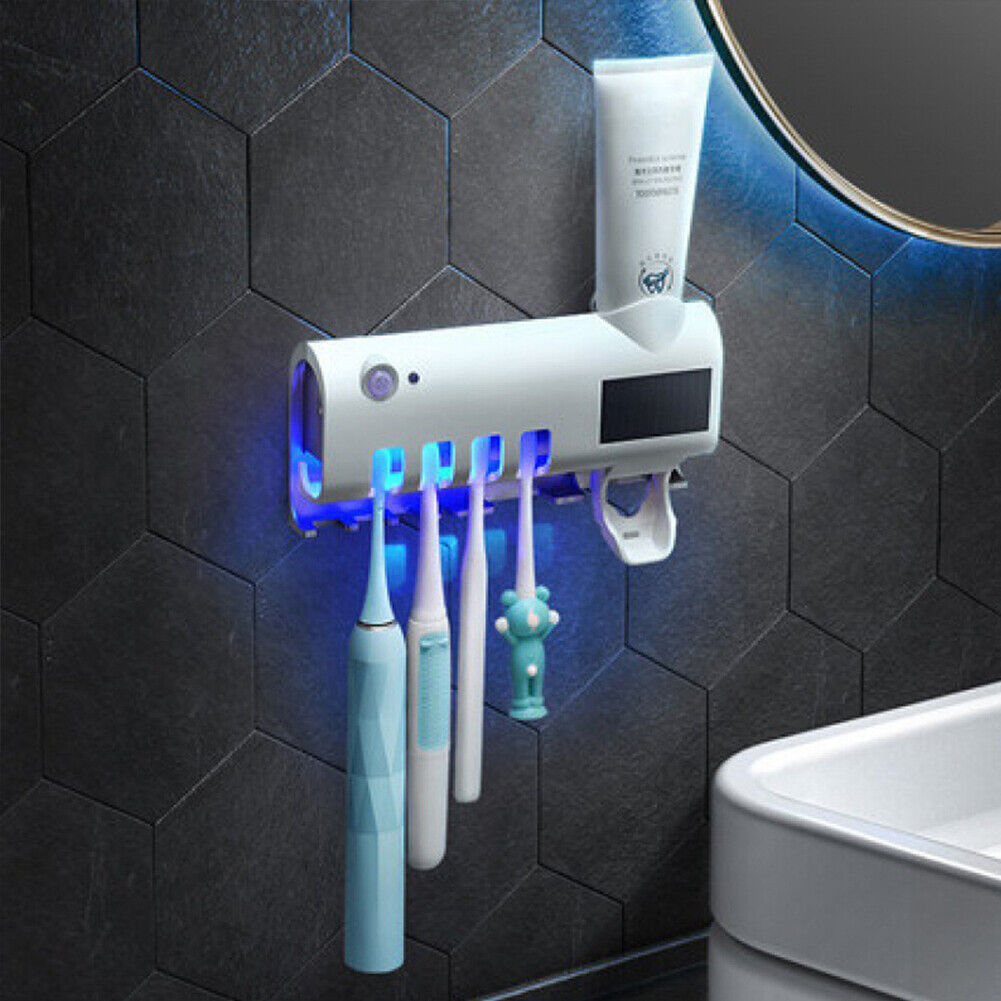 US 1-2 Pack Toothbrush UV Light Sanitizer Holder Automatic Toothpaste Dispenser