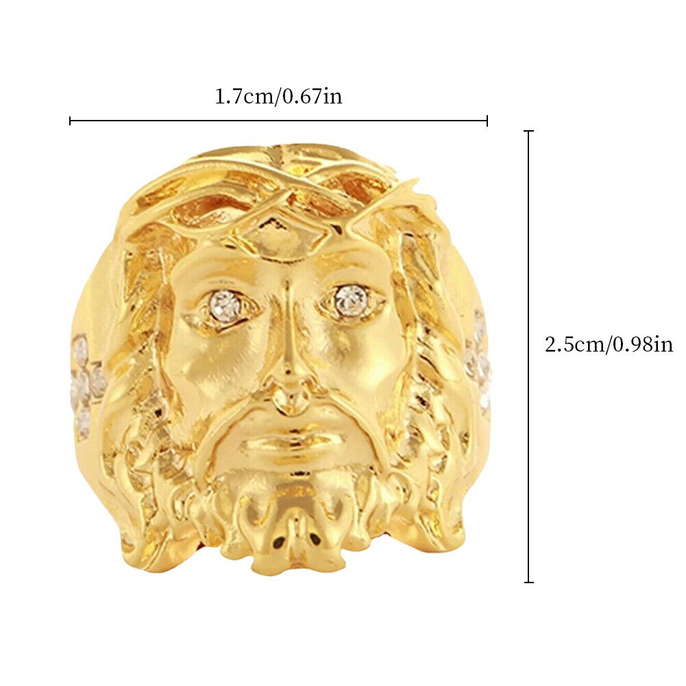 US Mens Gold Plated Cross Jesus Christ Face Ring Stainless Steel Size 8-11
