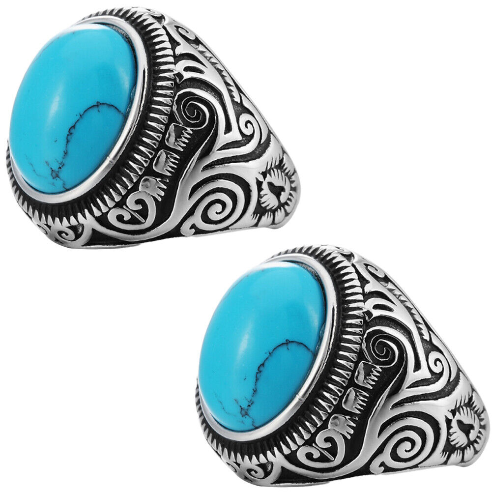 US Mens Simulated Oval Turquoise Stone Ring Men Stainless Steel Size 7 8-11